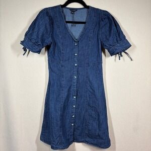 Sim & Sam Country Cowgirl Fitted Denim Mini Dress Sz Sm Blue Button Front Flaw